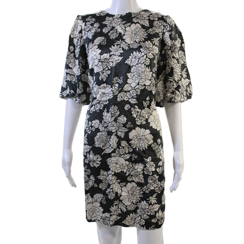 Arket, Women Sheath Dress Black 3/4 Sleeve Crew Neck Floral Size 38